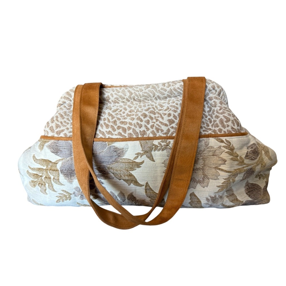 Atenti USA Made Tapestry Tote Bag Floral Animal Print Brown Tan Faux Suede Trim - Picture 3 of 16